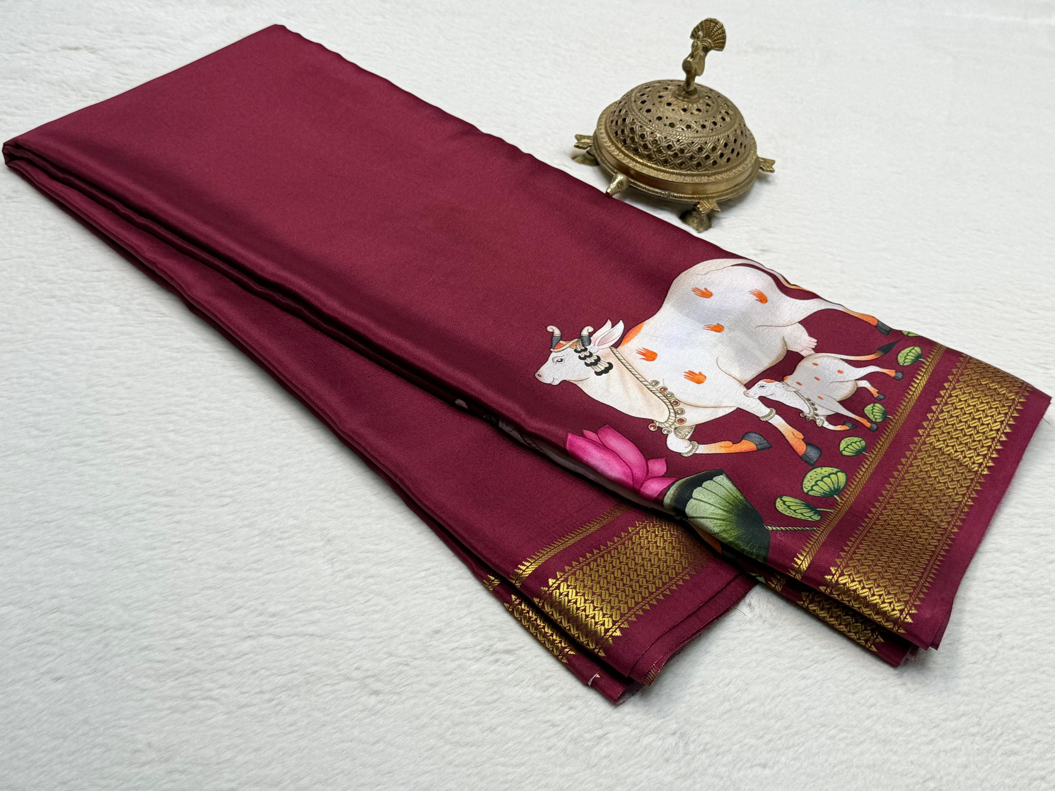 Sacred Cow Motif Hand Illustrated Silk Blend Saree with Traditional Gold Woven Border