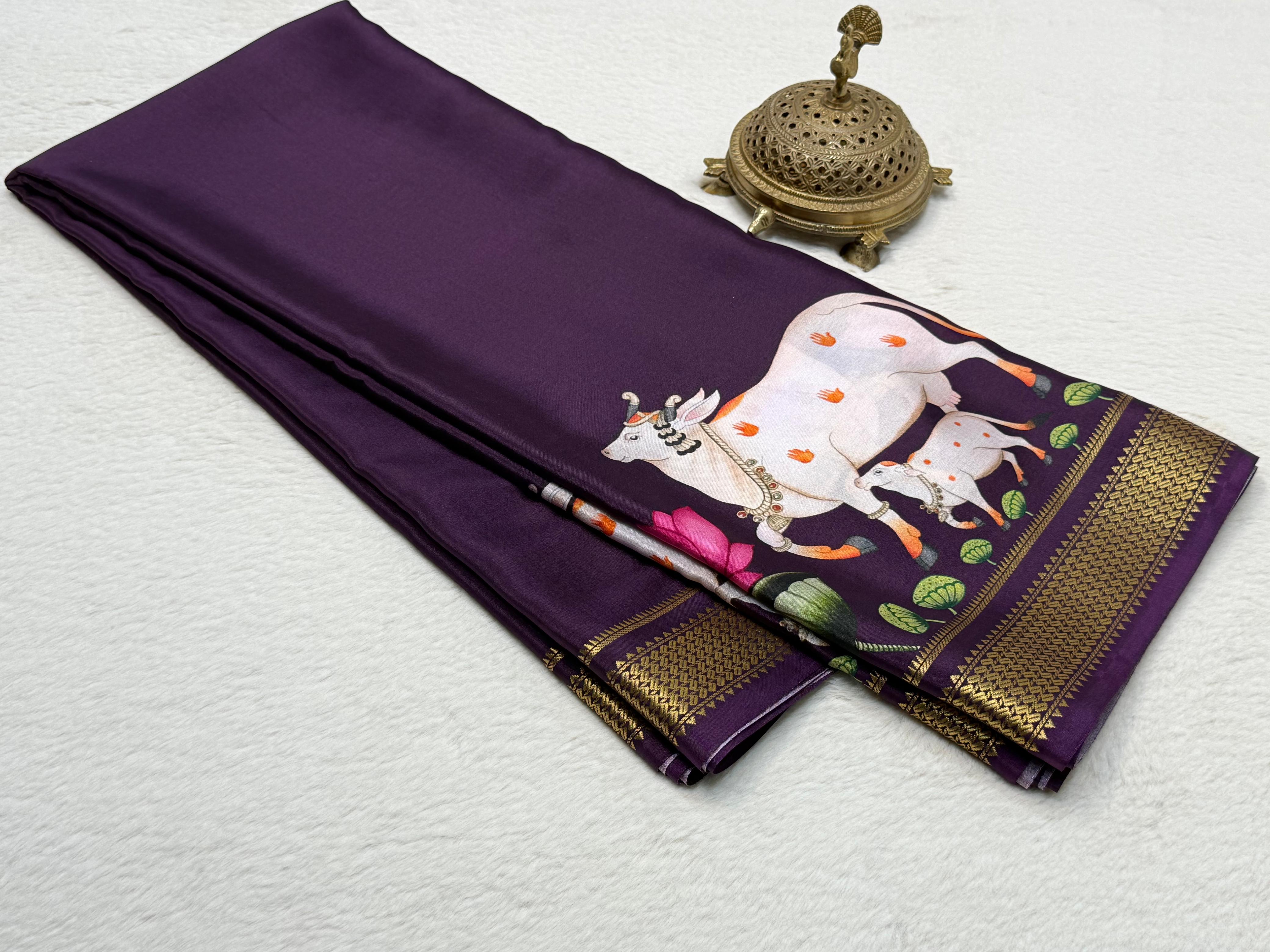 Sacred Cow Motif Hand Illustrated Silk Blend Saree with Traditional Gold Woven Border