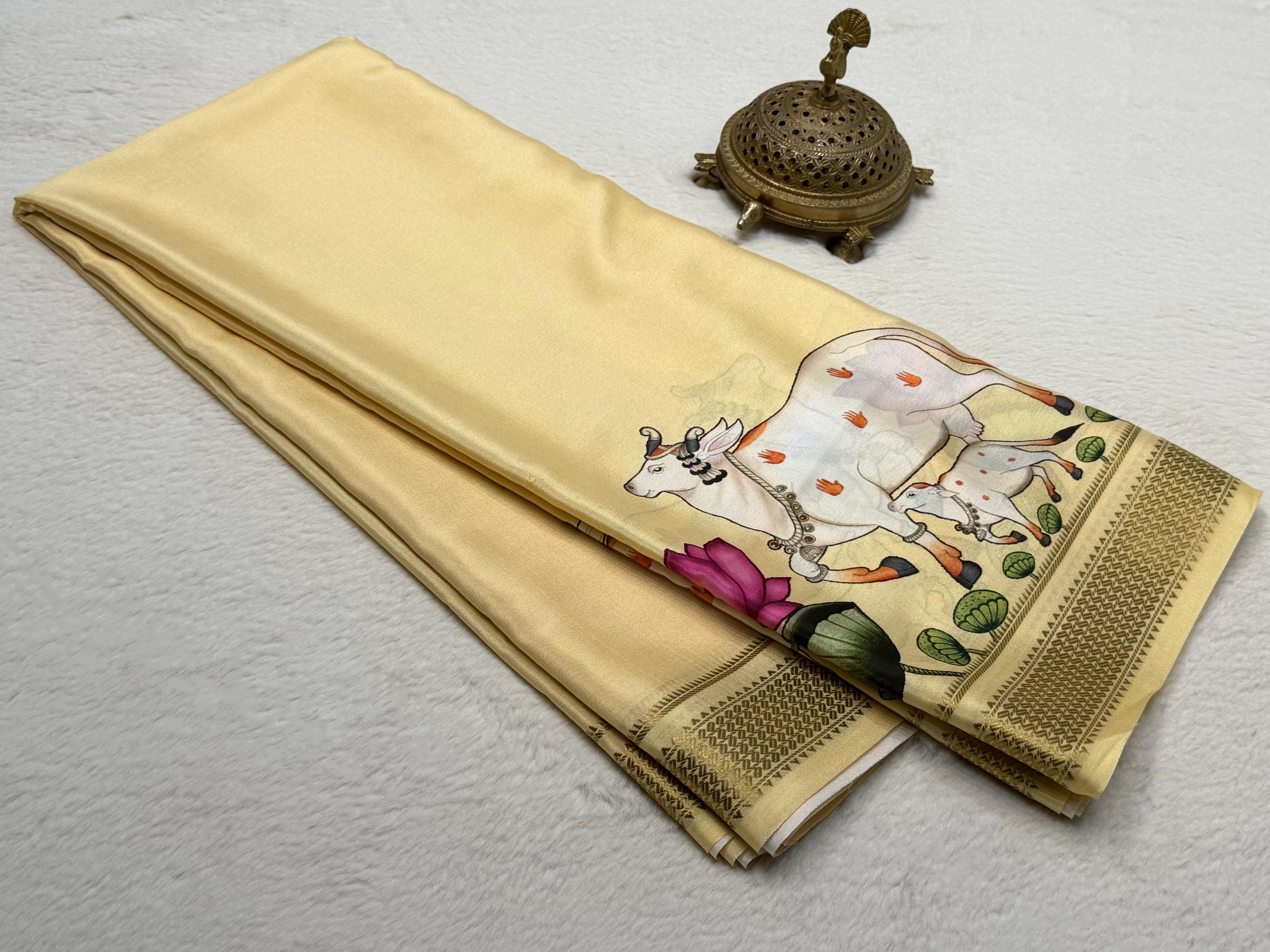 Sacred Cow Motif Hand Illustrated Silk Blend Saree with Traditional Gold Woven Border