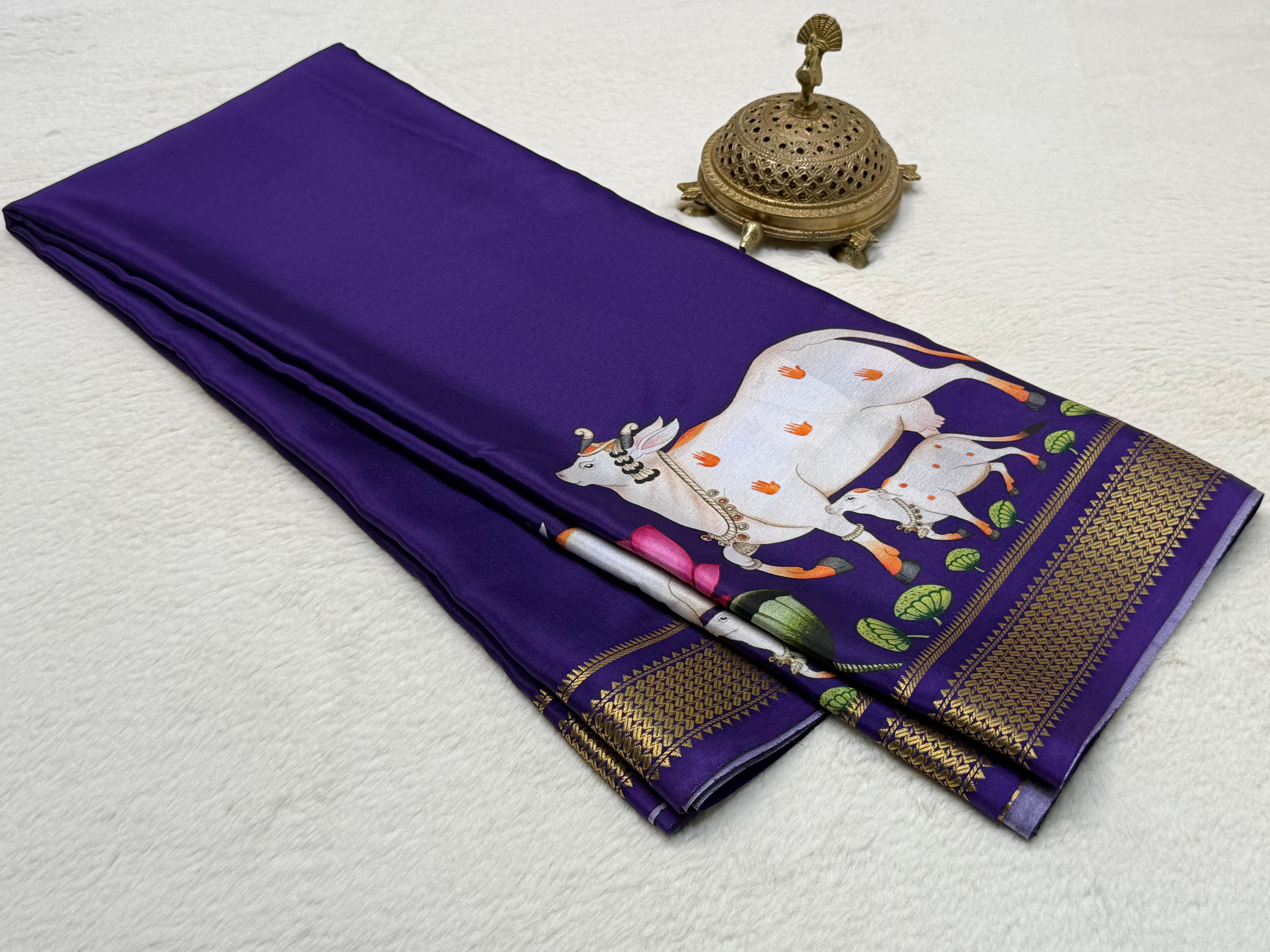 Sacred Cow Motif Hand Illustrated Silk Blend Saree with Traditional Gold Woven Border