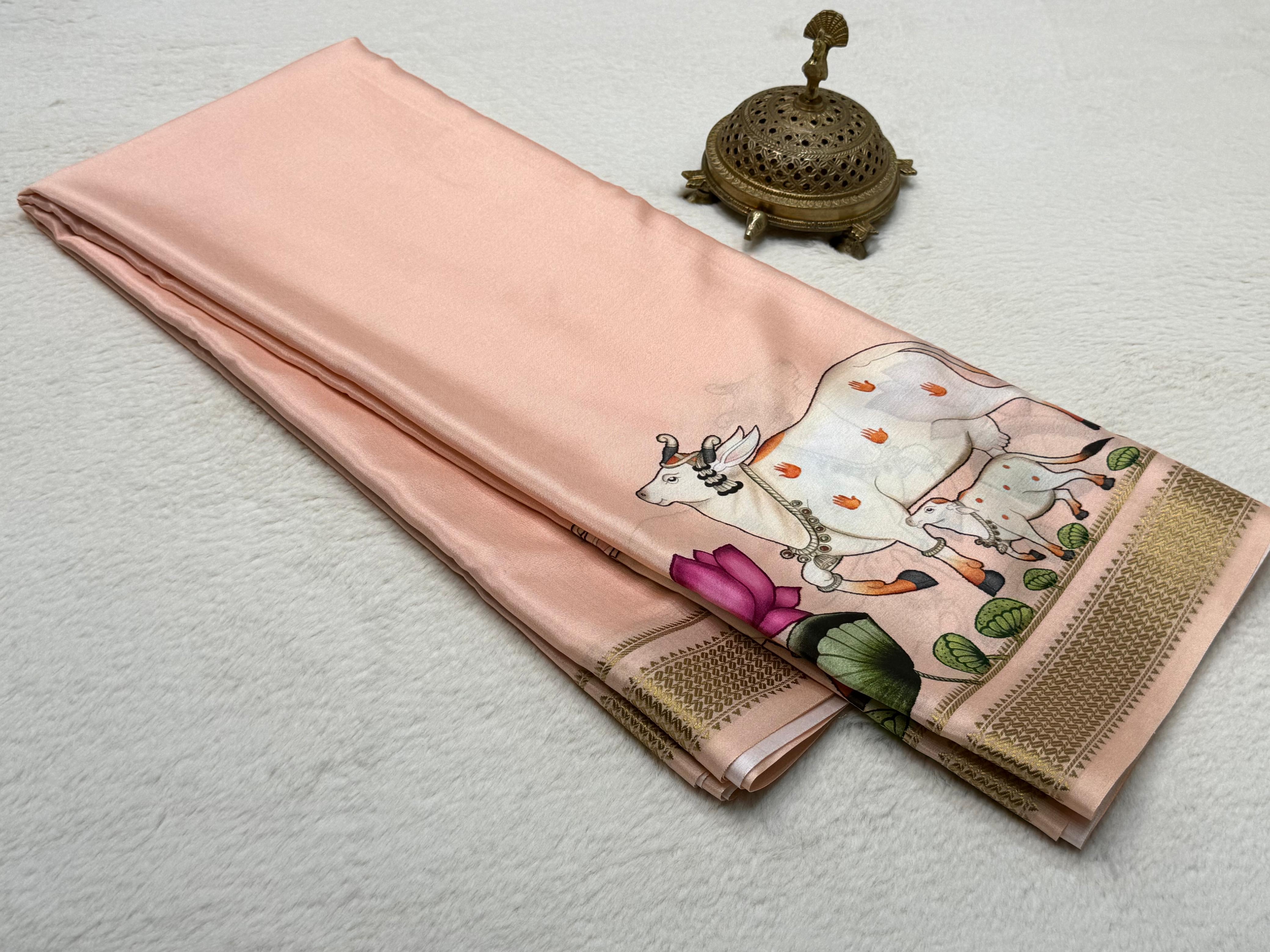 Sacred Cow Motif Hand Illustrated Silk Blend Saree with Traditional Gold Woven Border