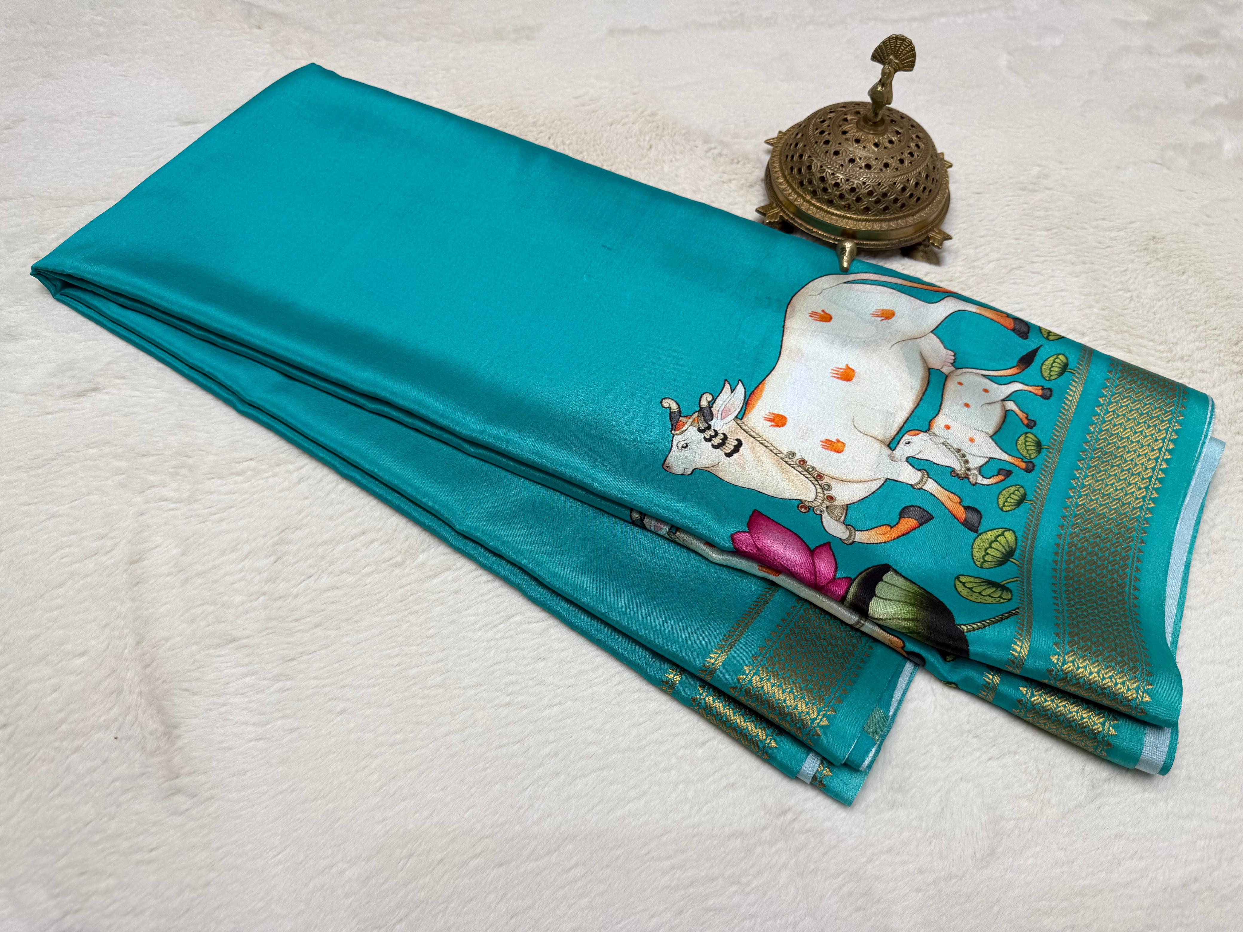 Sacred Cow Motif Hand Illustrated Silk Blend Saree with Traditional Gold Woven Border