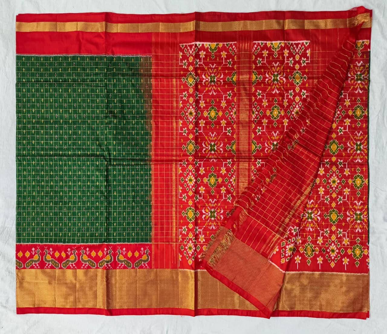 Ikat Silk Bottle Green by Icultuer with zari check border
