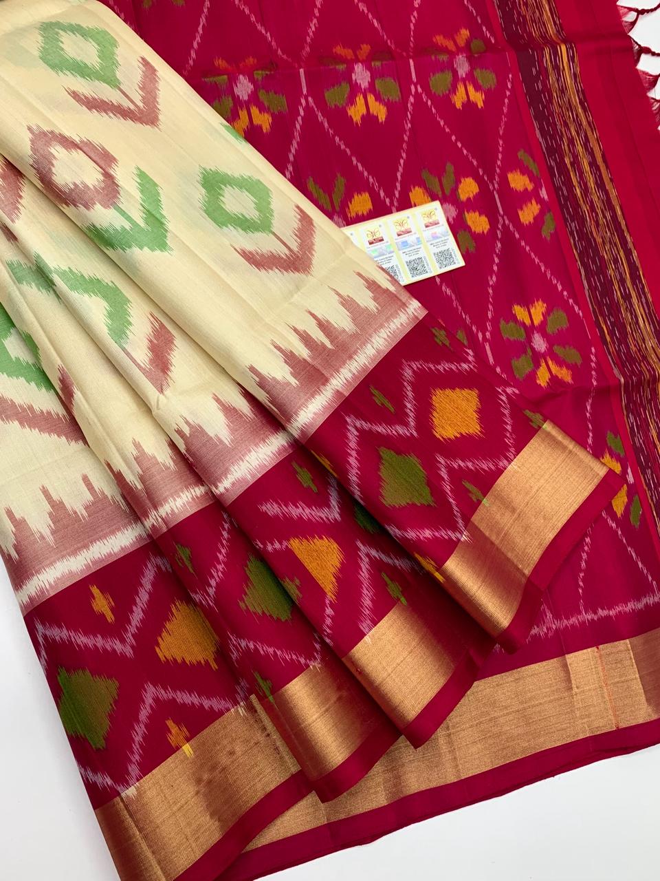 Cream & Rani Pink digital print Pochampally Semi Silk by Icultuer