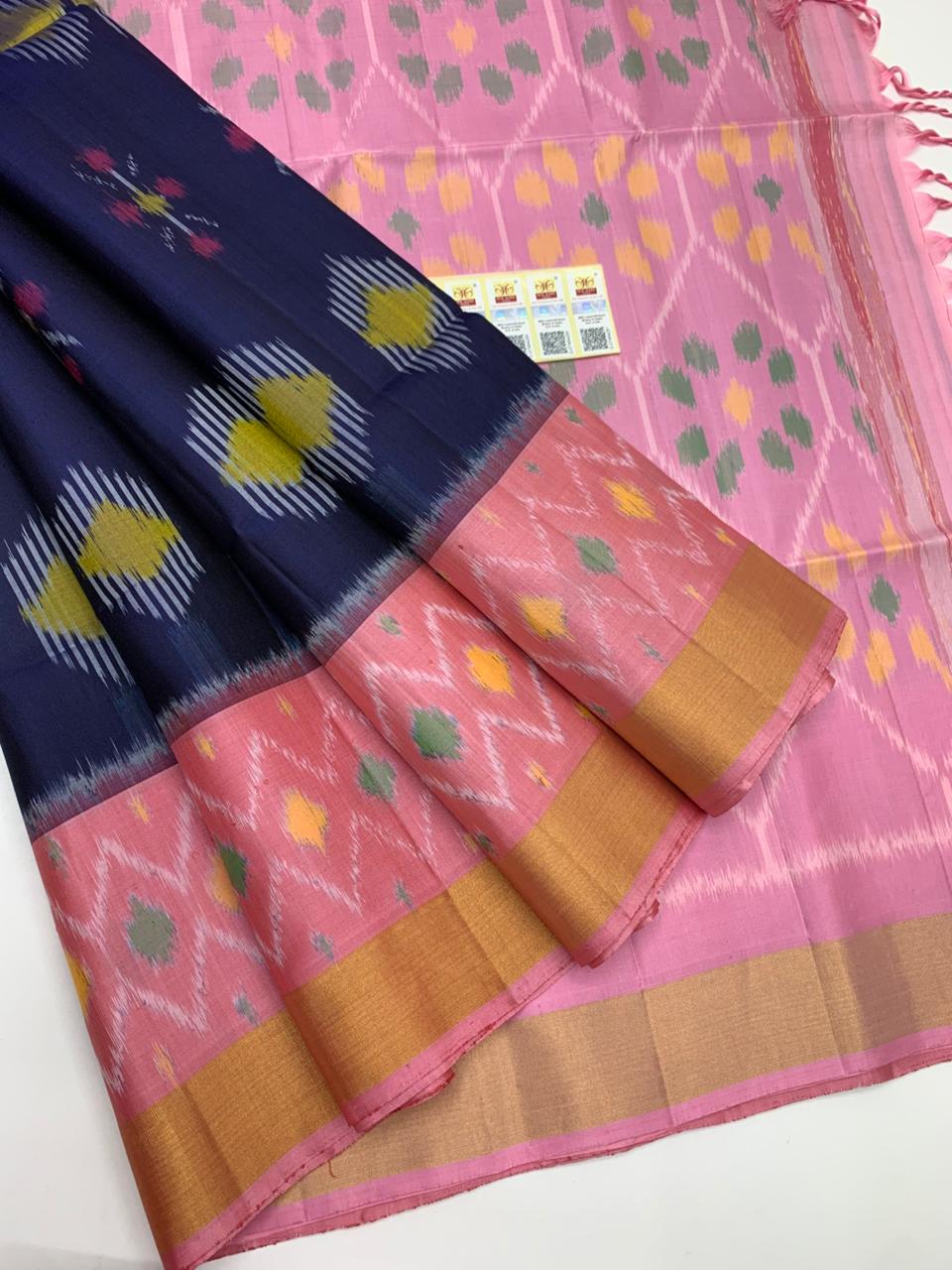 Navy Blue with Peach Pochampally Ikkat Silk by Icultuer