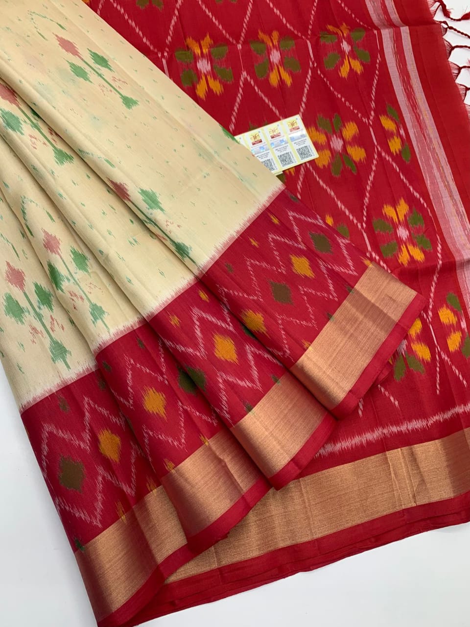 Off white with Red border ikkat silk by Icultuer for women
