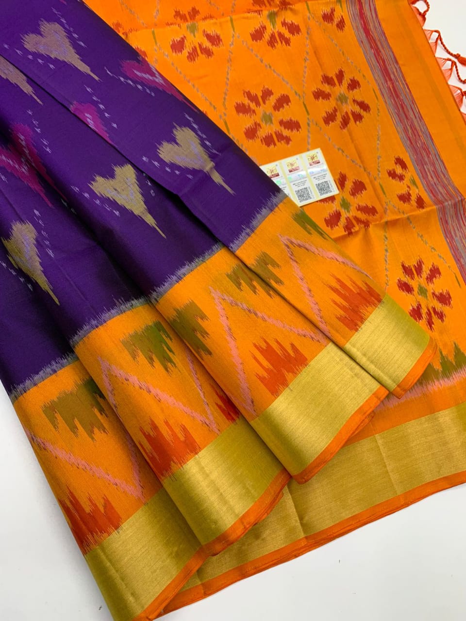 Purple Ikat Pochampally Silk by Icultuer with yellow border