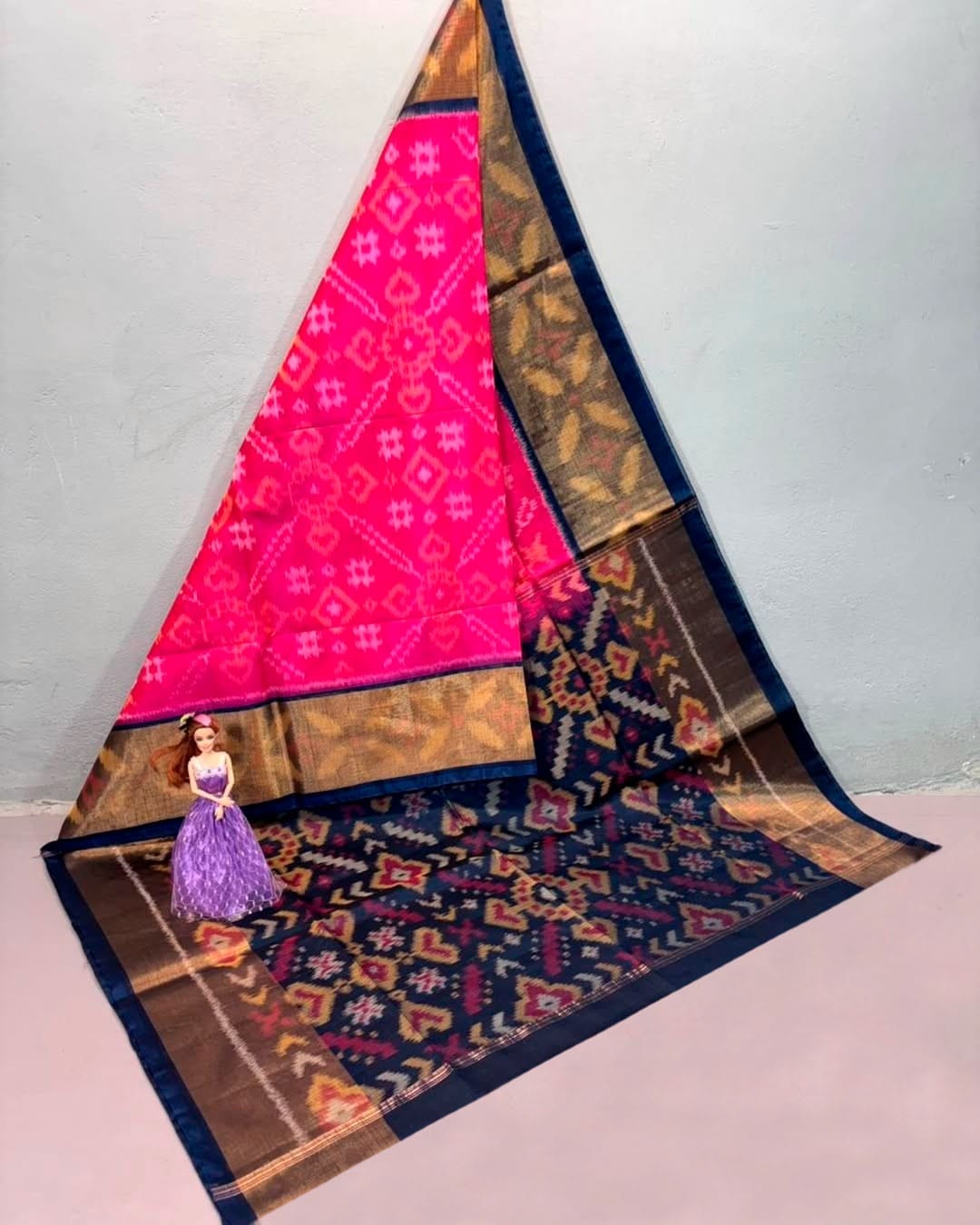Pnk and Blue Pure Ikkat Silk Cotton by Icultuer With Blouse