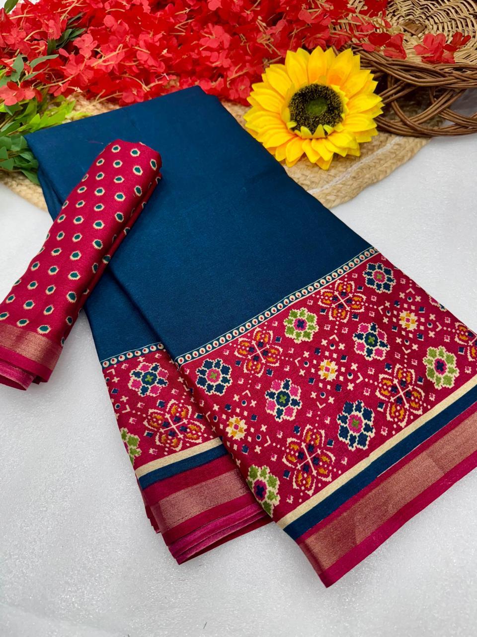 Premium Mangalagiri Silk by Icultuer in Royal Teal with Traditional Jacquard Border