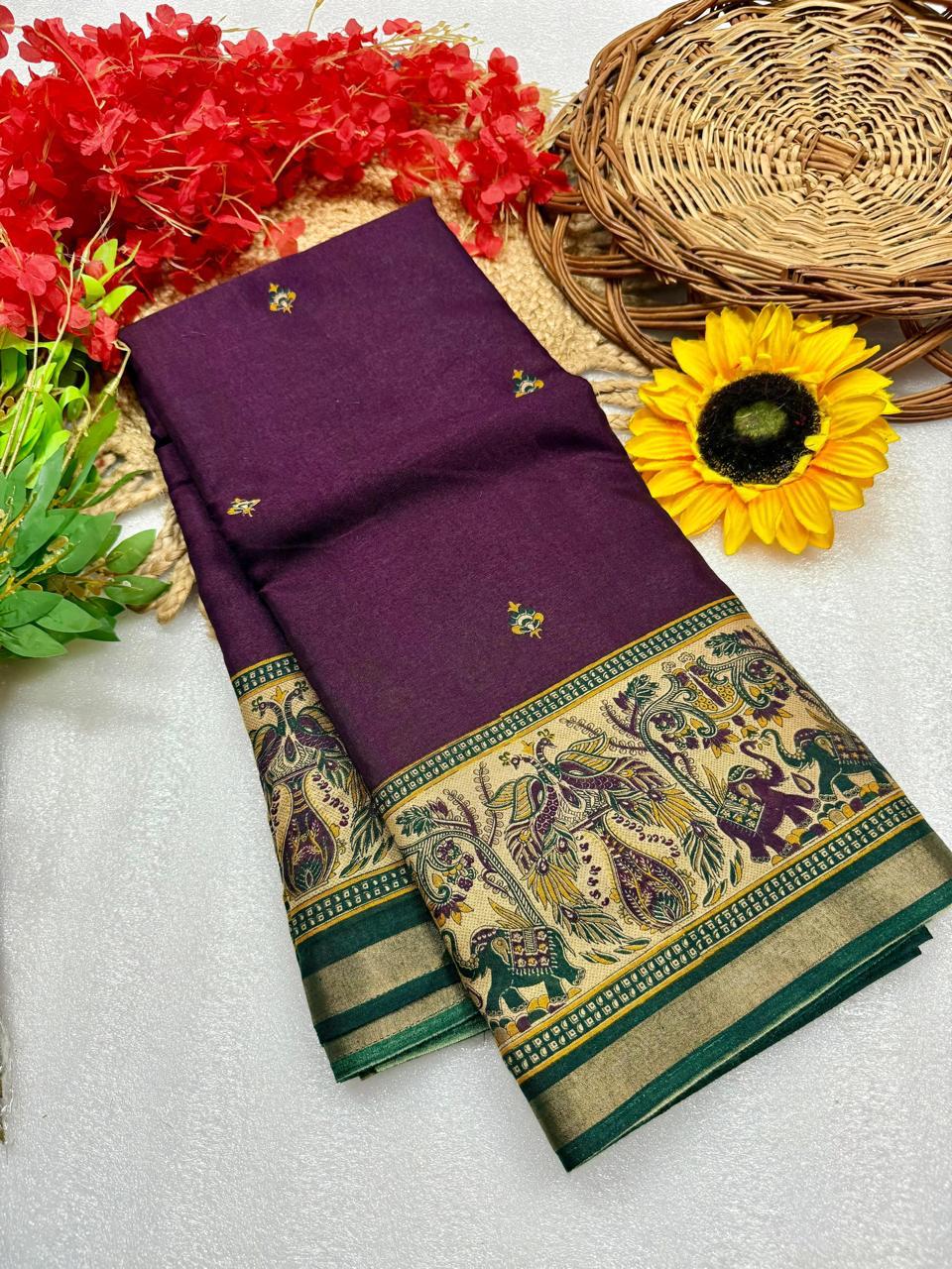 Royal Purple Premium Mangalagiri Silk by Icultuer with Heritage Jacquard Border
