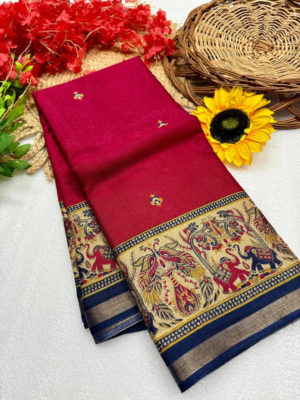 Rich Maroon Mangalagiri Silk by Icultuer Featuring Traditional Motif Border