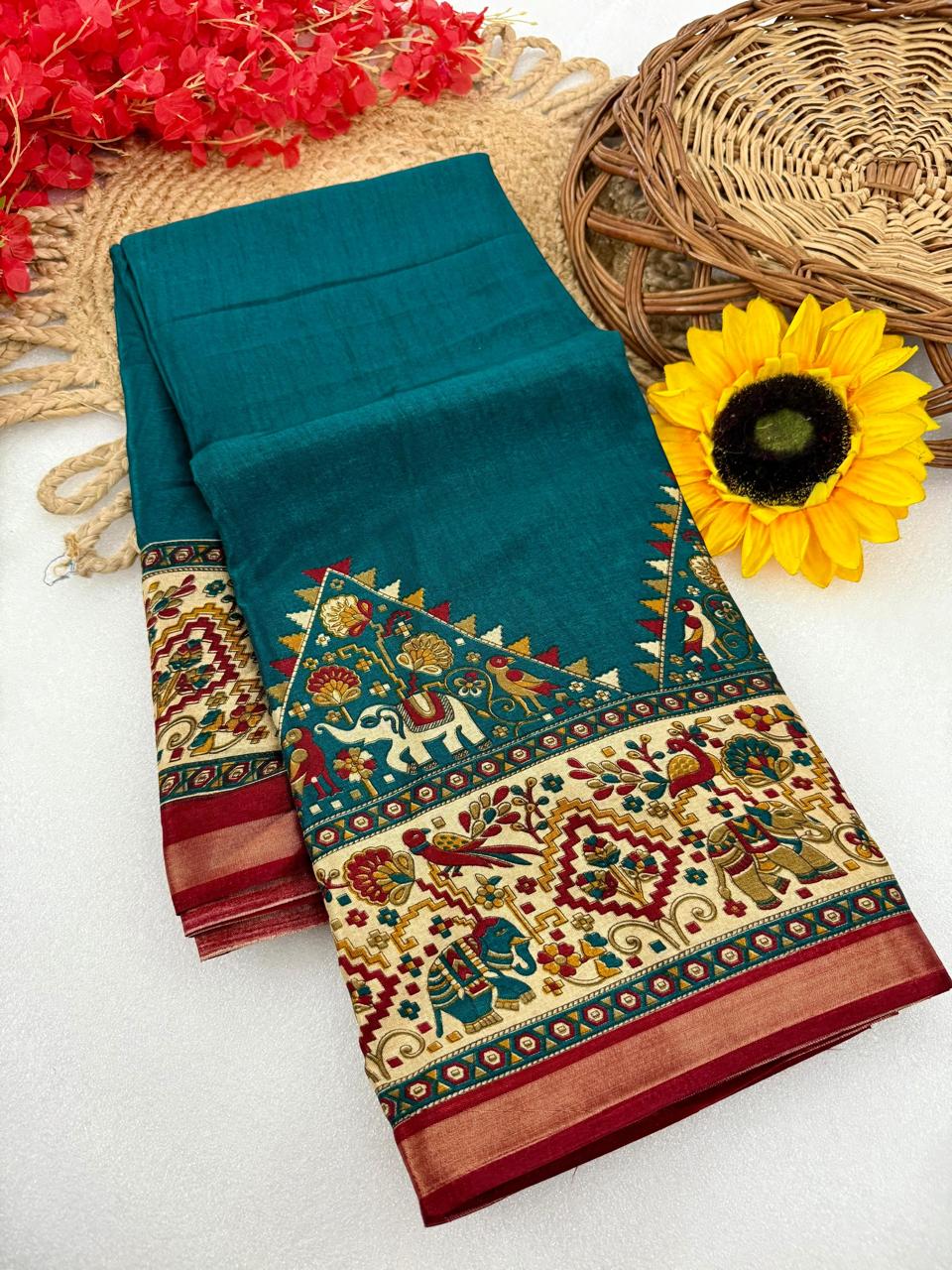 Teal Blue Premium Mangalagiri Silk by Icultuer with Grand Temple-Inspired Jacquard Border