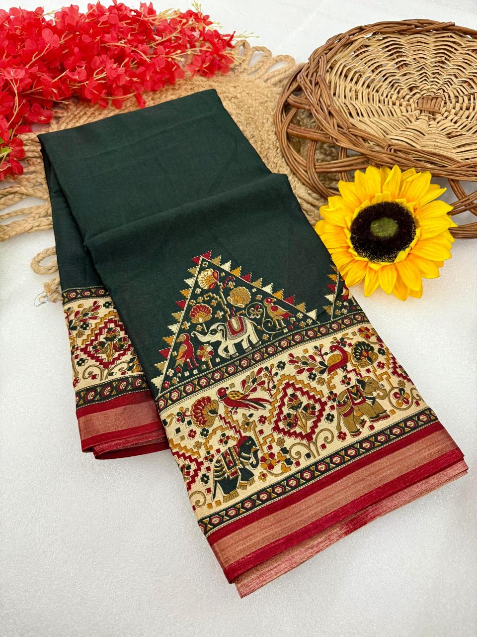 Bottle Green Premium Mangalagiri Silk by Icultuer with Royal Temple Jacquard Border