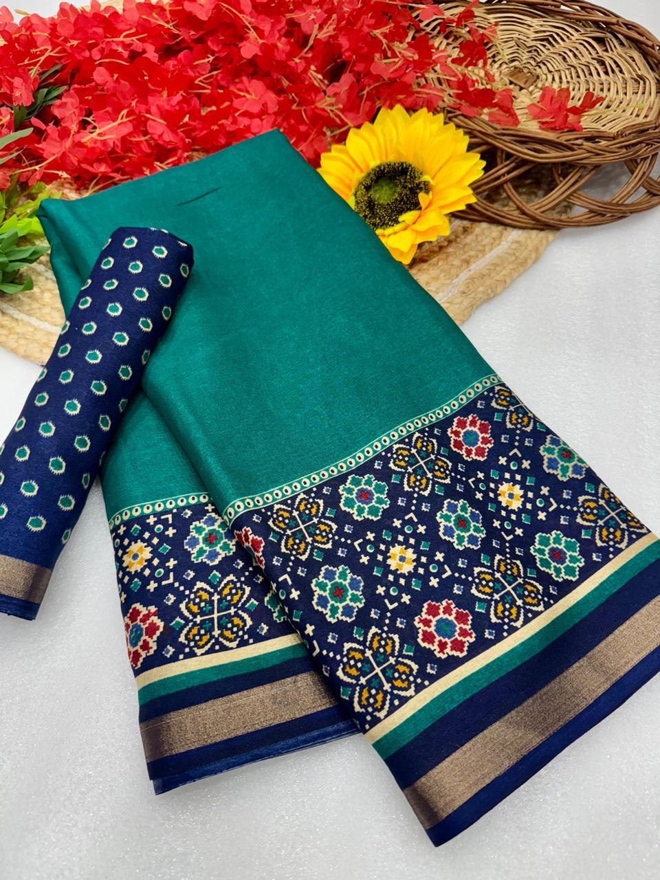 Emerald Green Premium Mangalagiri Silk by Icultuer with Elegant Floral Jacquard Border