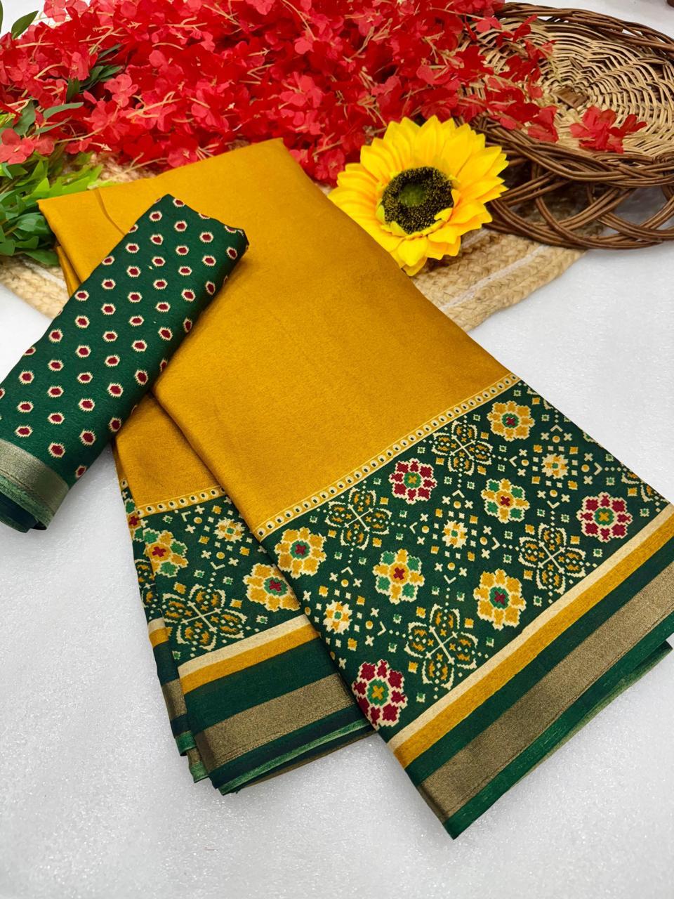 Mustard Yellow Premium Mangalagiri Silk by Icultuer with Classic Green Jacquard Border