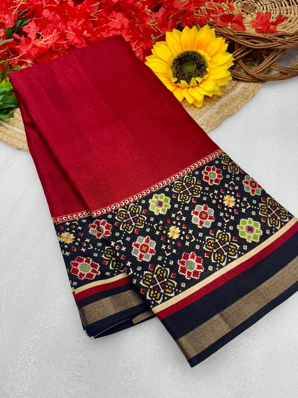 Deep Red Premium Mangalagiri Silk by Icultuer with Classic Floral Jacquard Border