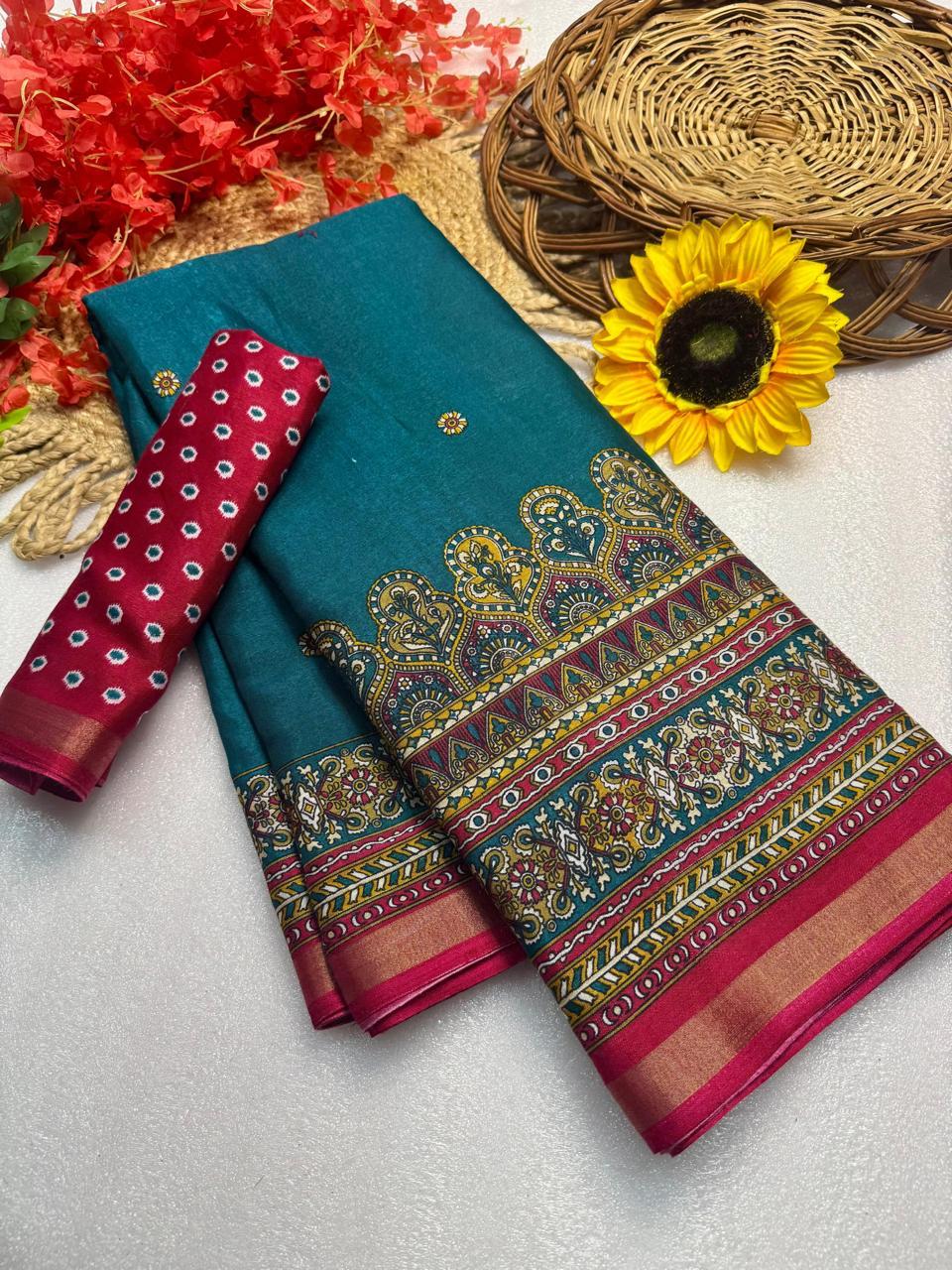 Teal Green Premium Mangalagiri Silk by Icultuer with Designer Floral Jacquard Border