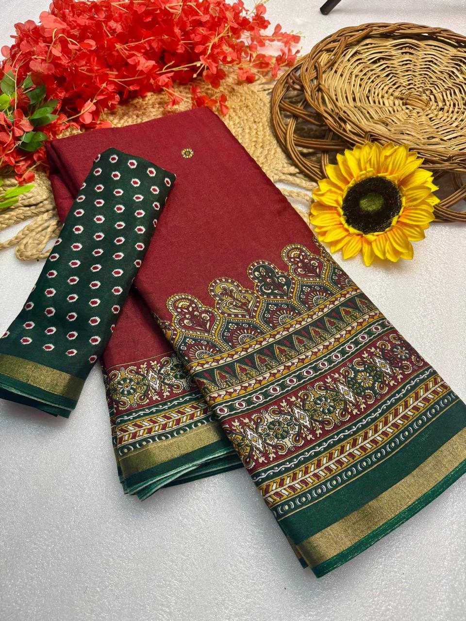Brick Red Premium Mangalagiri Silk by Icultuer with Traditional Handcrafted Jacquard Border