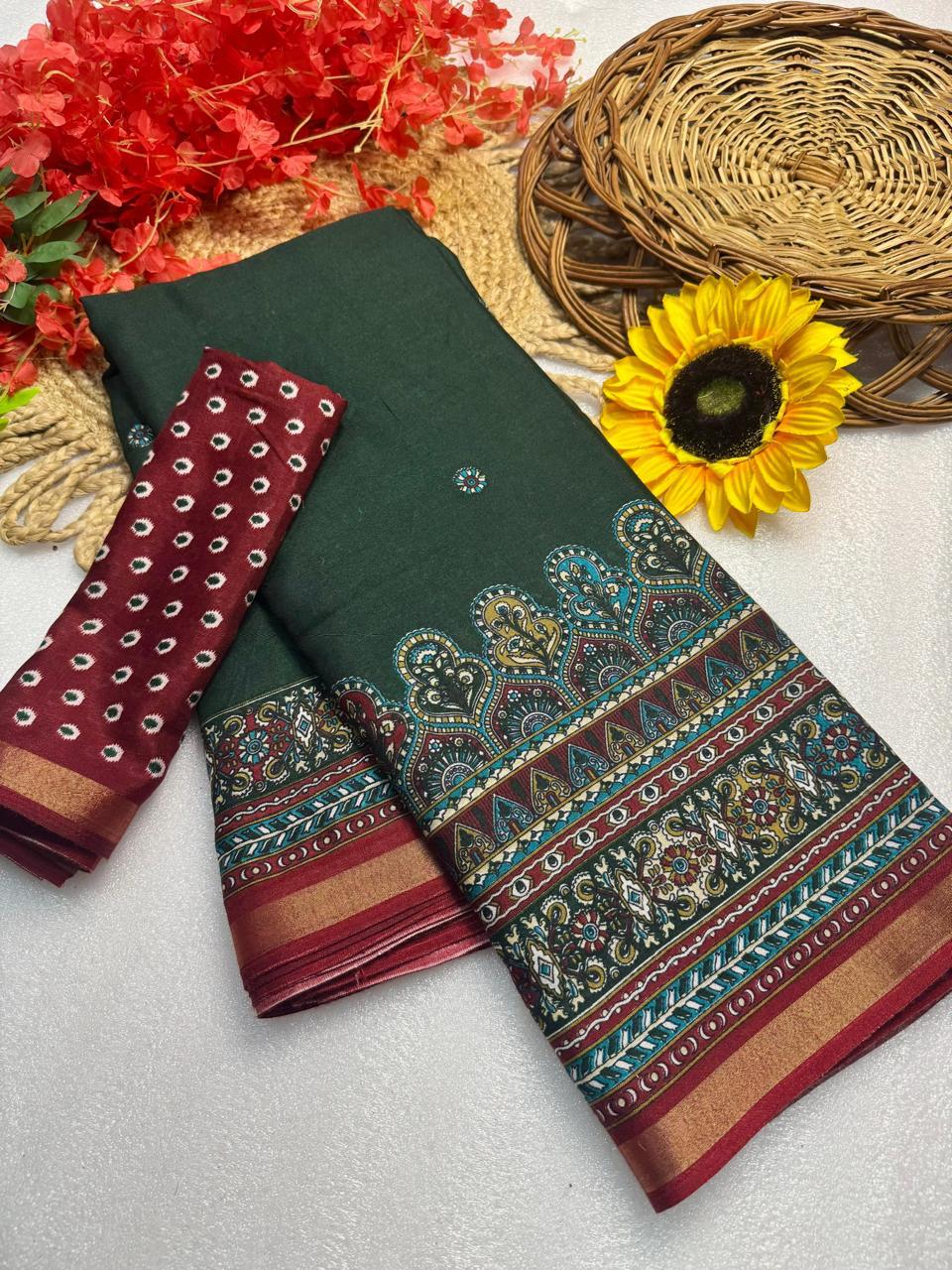 Dark Forest Green Premium Mangalagiri Silk by Icultuer with Regal Jacquard Border