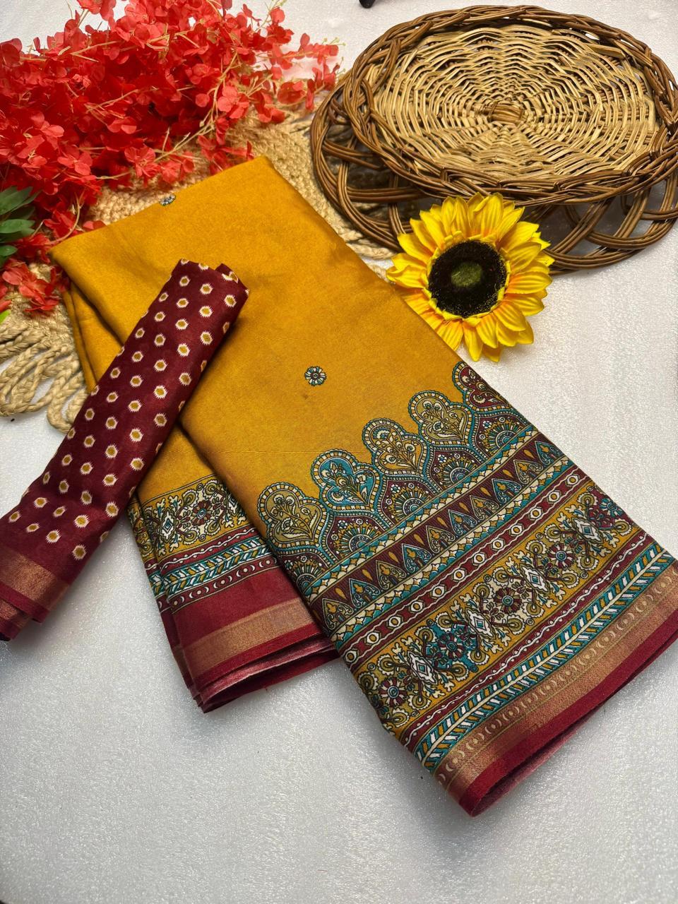 Golden Mustard Premium Mangalagiri Silk by Icultuer with Heritage Handcrafted Jacquard Border
