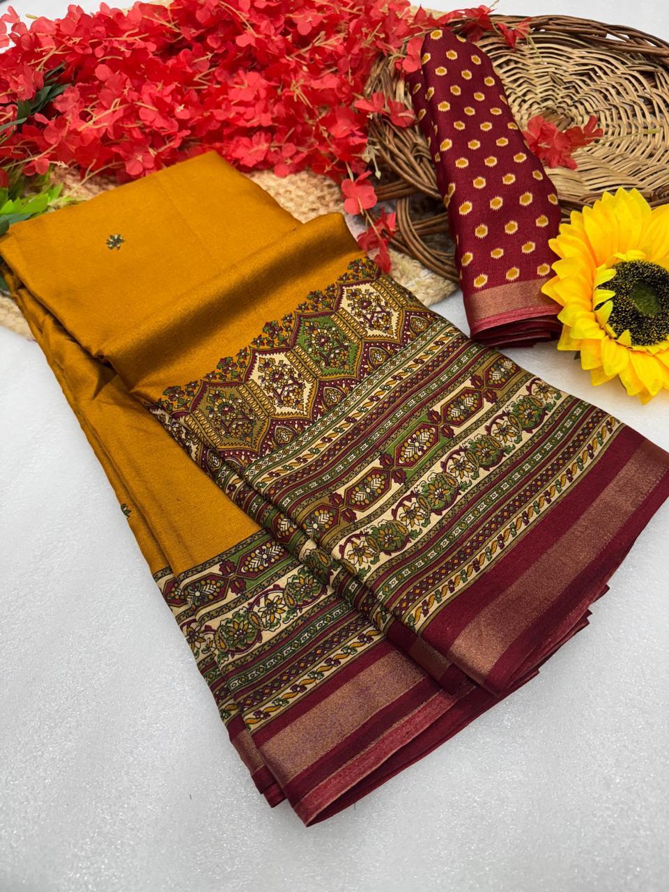 Antique Mustard Premium Mangalagiri Silk by Icultuer with Rich Heritage Jacquard Border