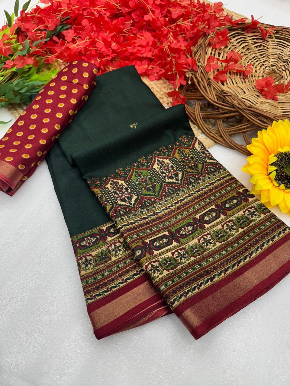 Deep Bottle Green Premium Mangalagiri Silk by Icultuer with Intricate Heritage Jacquard Border