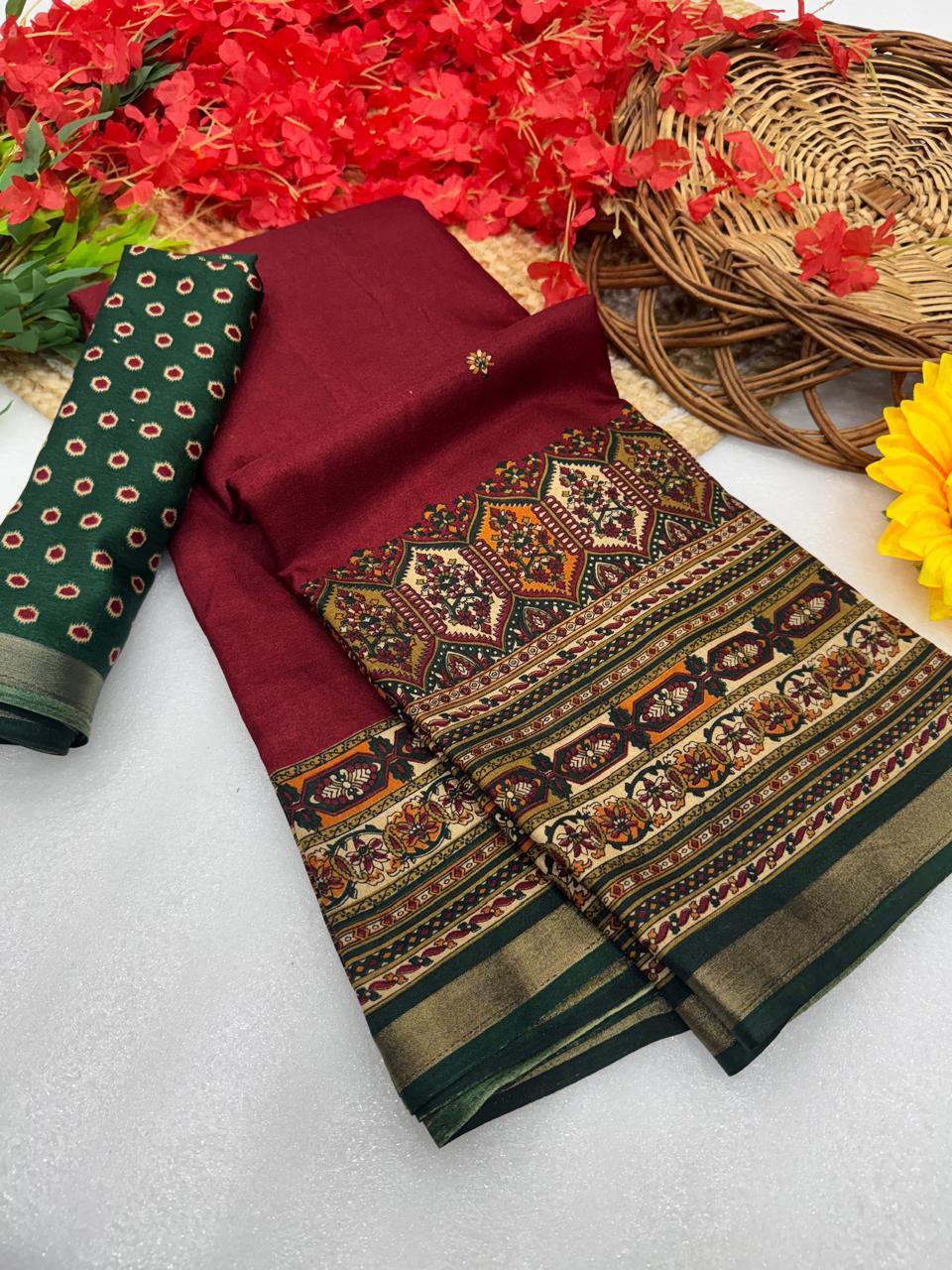 Wine Maroon Premium Mangalagiri Silk by Icultuer with Elegant Heritage Jacquard Border