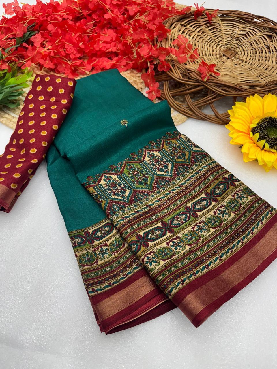 Peacock Teal Premium Mangalagiri Silk by Icultuer with Traditional Heritage Jacquard Border