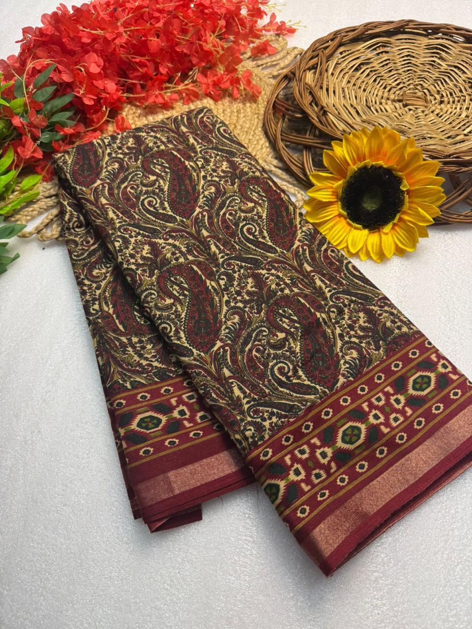Classic Paisley Print Premium Mangalagiri Silk by Icultuer with Rich Contrast Woven Border