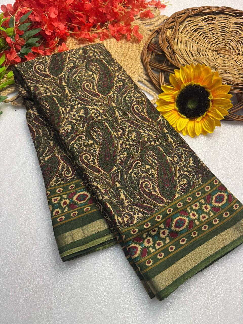 Olive Green Paisley Premium Mangalagiri Silk by Icultuer with Elegant Contrast Border