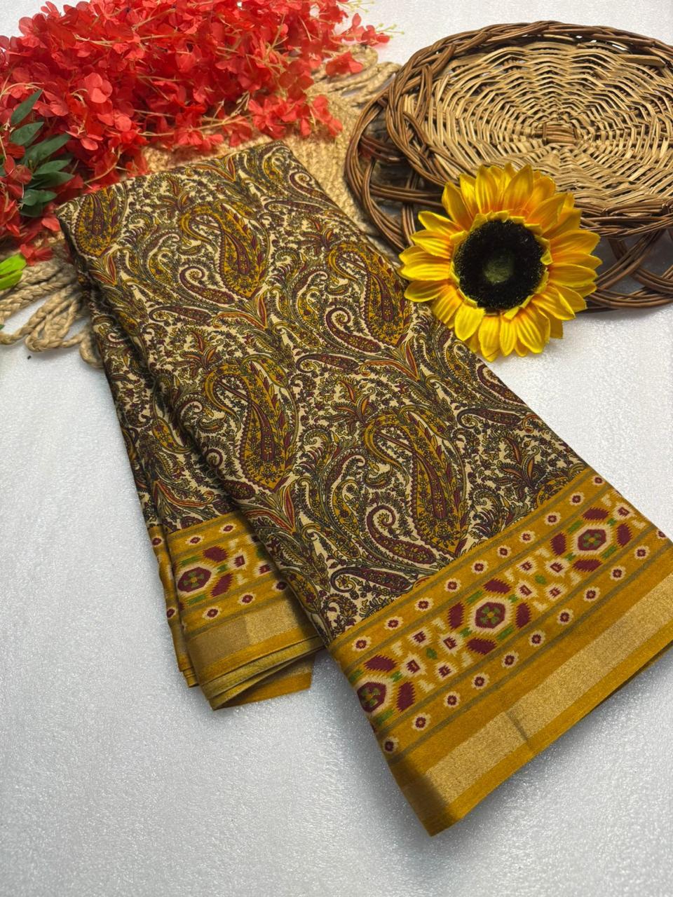 Antique Gold Paisley Premium Mangalagiri Silk by Icultuer with Traditional Woven Border
