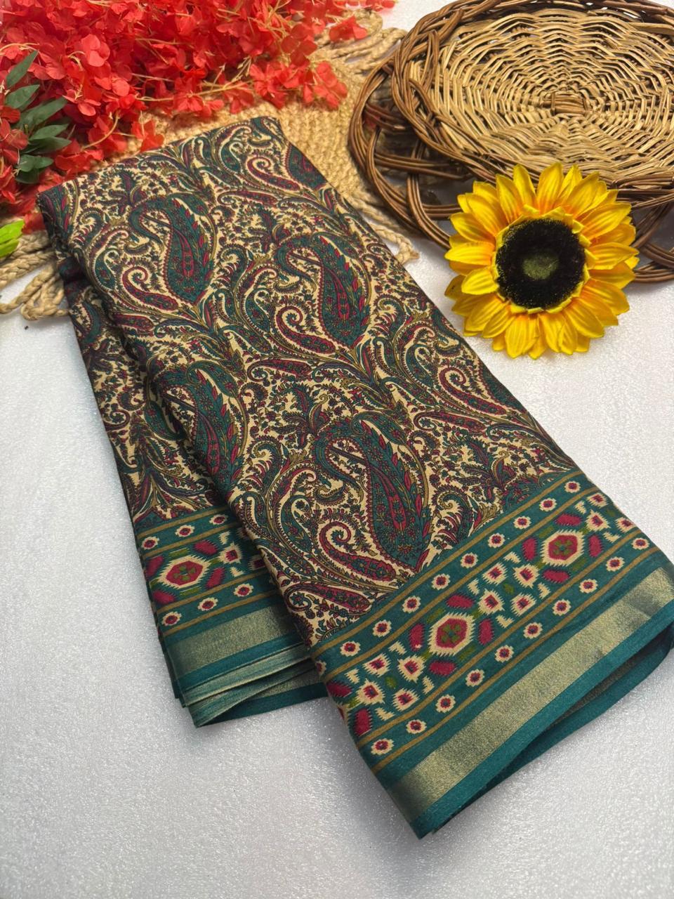 Teal Green Paisley Premium Mangalagiri Silk by Icultuer with Rich Traditional Woven Border