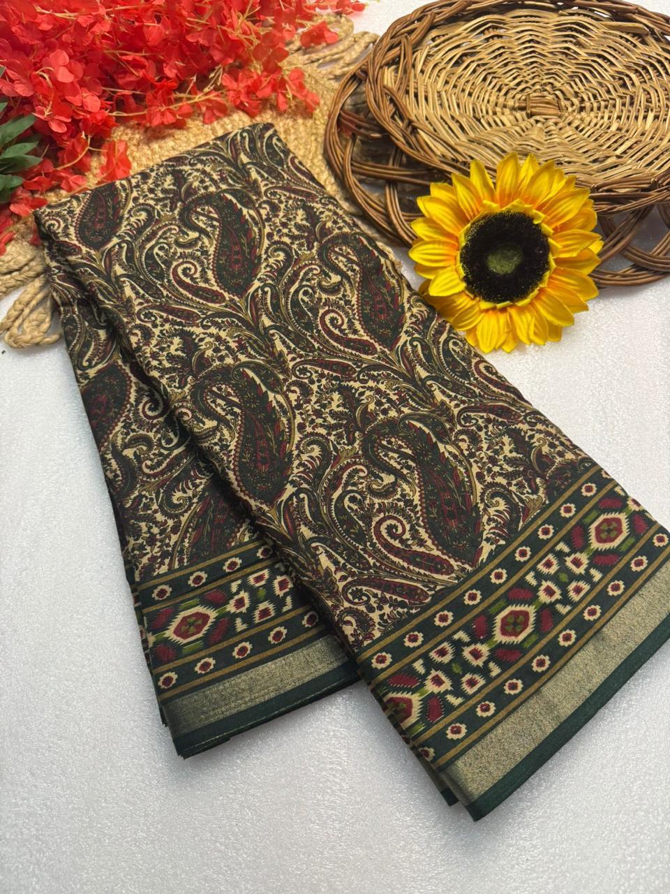 Classic Olive Paisley Premium Mangalagiri Silk by Icultuer with Elegant Handwoven Border