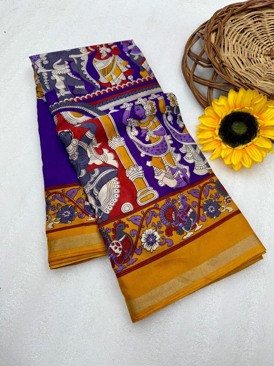 Royal Purple Kalamkari Style Premium Mangalagiri Silk by Icultuer with Grand Temple Art Border