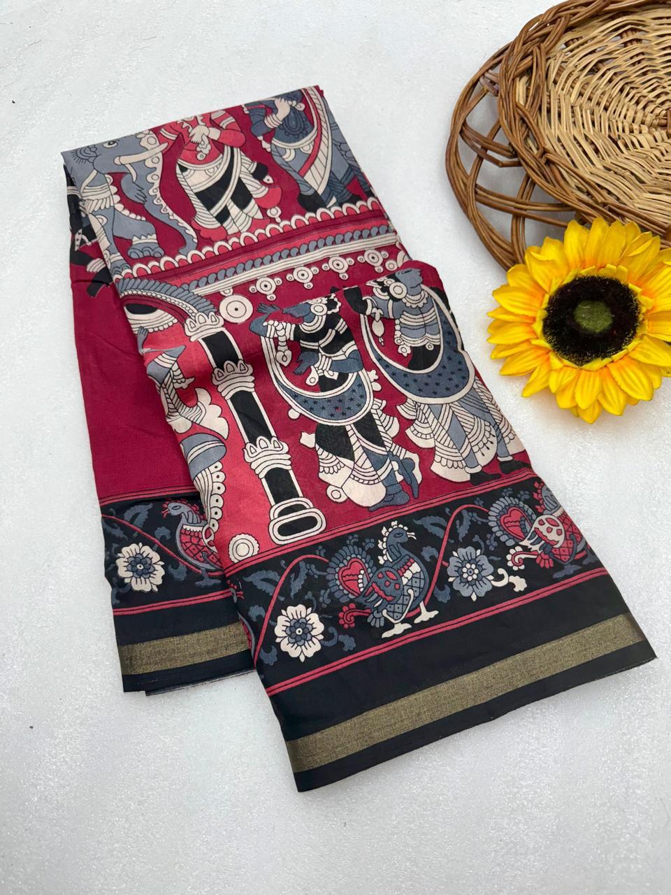 Crimson Red Premium Mangalagiri Silk by Icultuer with Traditional Kalamkari-Inspired Border