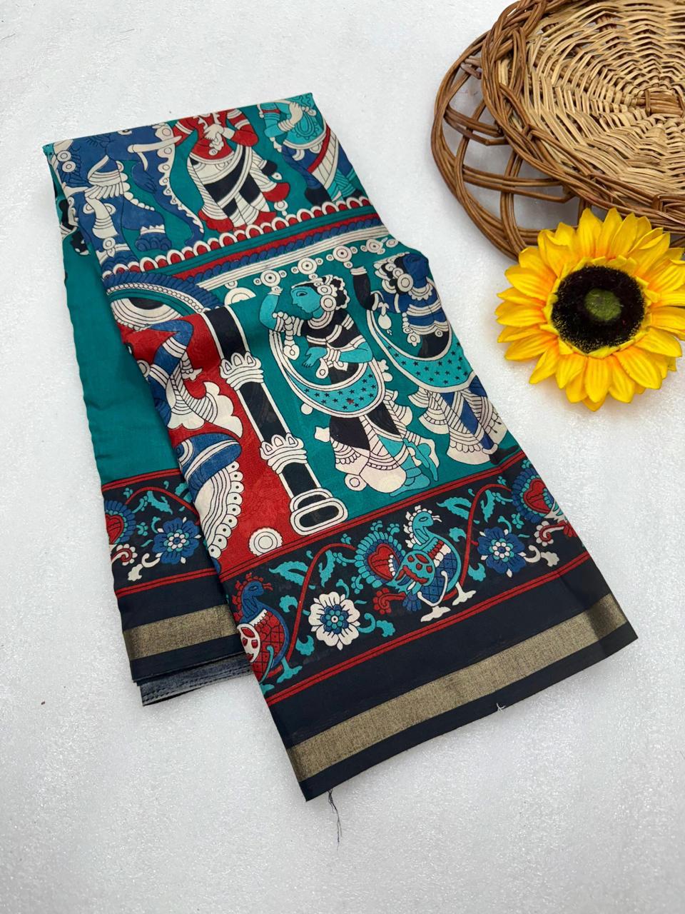 Teal Blue Premium Mangalagiri Silk by Icultuer with Kalamkari-Inspired Traditional Border