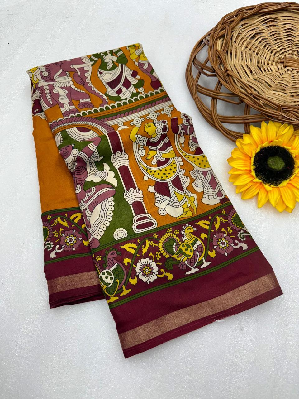 Multicolor Kalamkari Style Premium Mangalagiri Silk by Icultuer with Artistic Temple Border