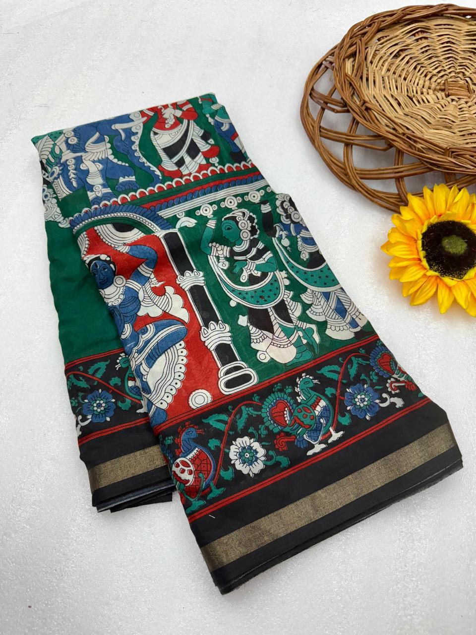 Emerald Green Kalamkari Style Premium Mangalagiri Silk by Icultuer with Traditional Temple Border