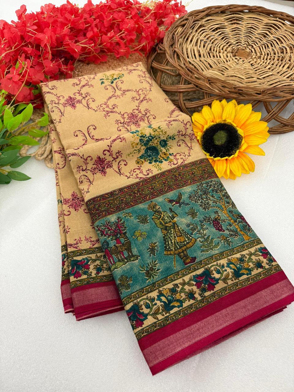 Beige Gold Premium Mangalagiri Silk by Icultuer with Artistic Kalamkari Heritage Border