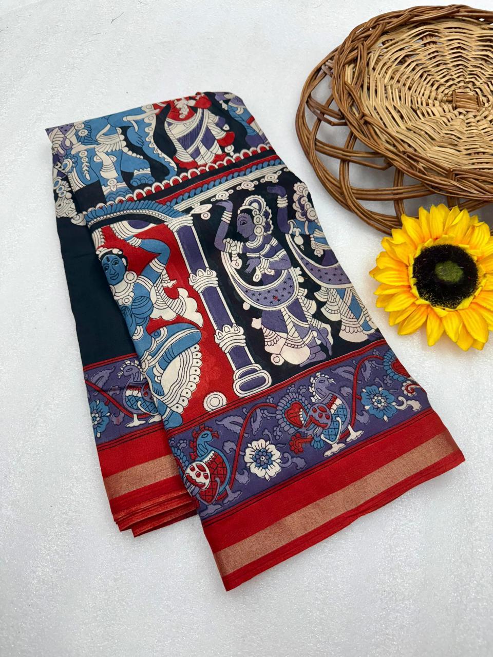 Navy Blue Kalamkari Style Premium Mangalagiri Silk by Icultuer with Classic Temple Art Border