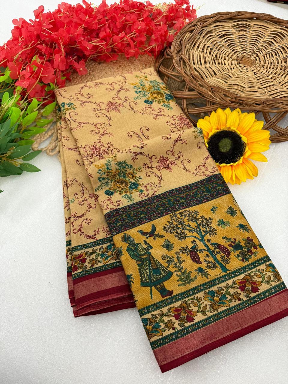 Beige Kalamkari Silk by Icultuer with Royal Narrative Border