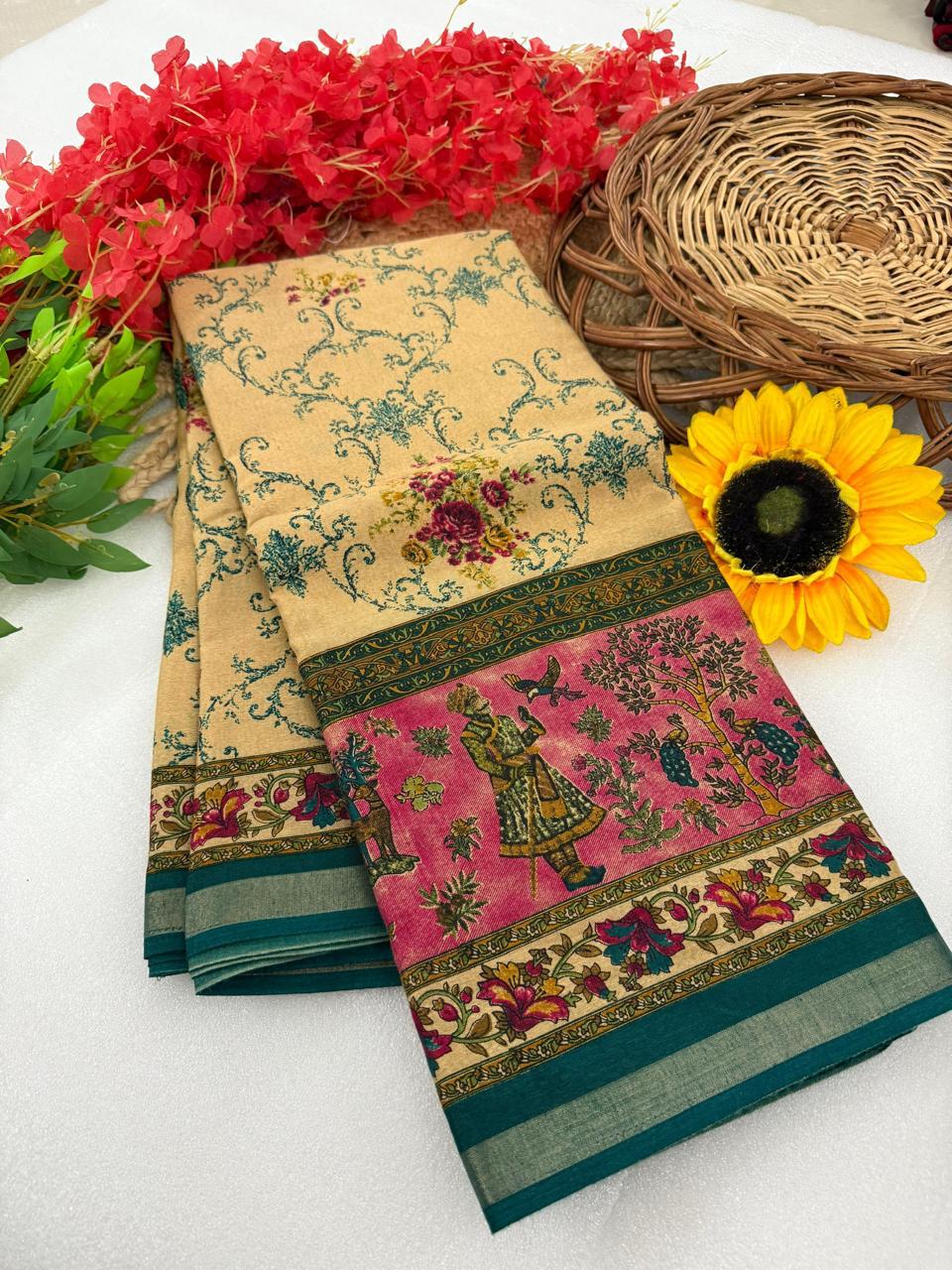 Beige Floral Premium Mangalagiri Silk by Icultuer with Handcrafted Kalamkari Border