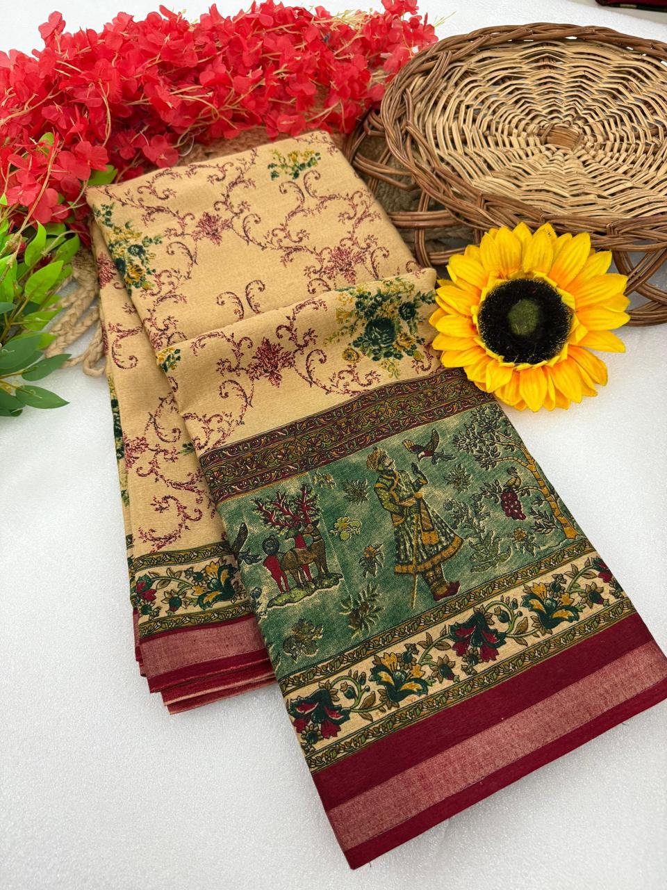 Beige Floral Mangalagiri Silk by Icultuer with Kalamkari Storytelling Border