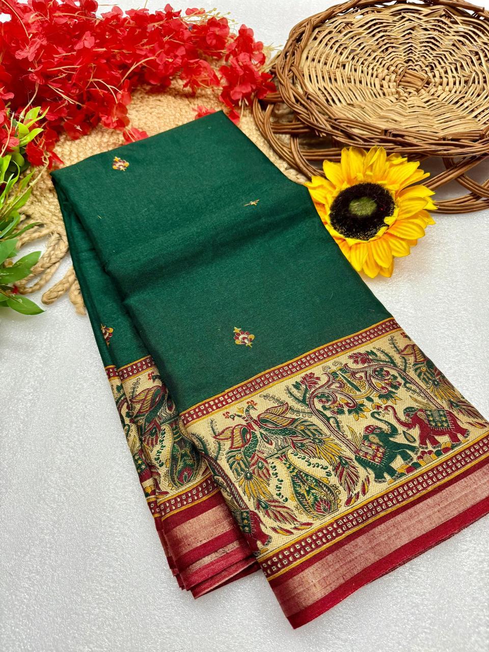 Emerald Green Premium Mangalagiri Silk by Icultuer with Regal Kalamkari Peacock Border
