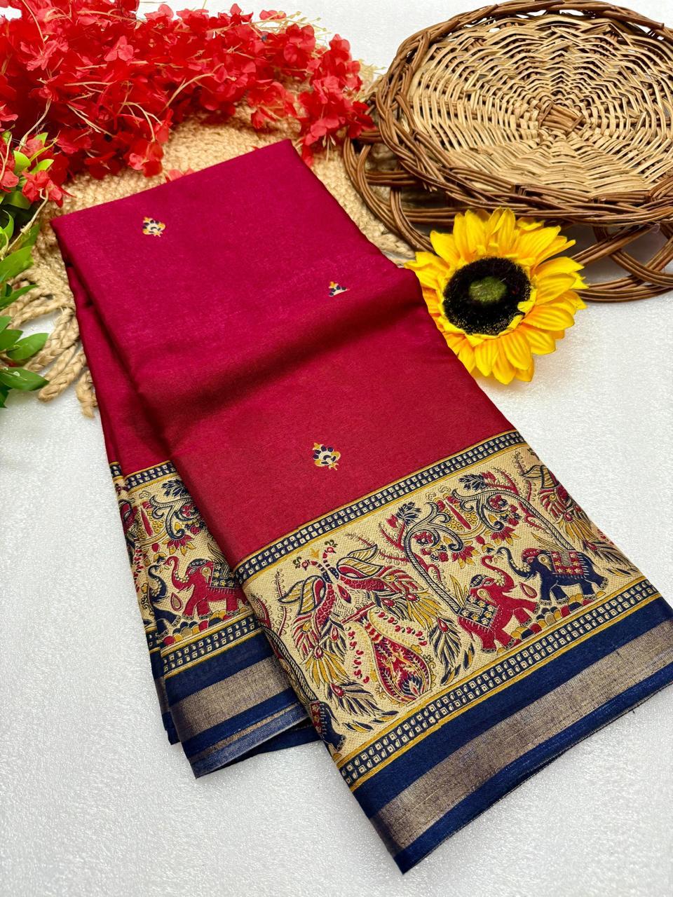 Rani Wine Premium Mangalagiri Silk by Icultuer with Royal Kalamkari Peacock Border