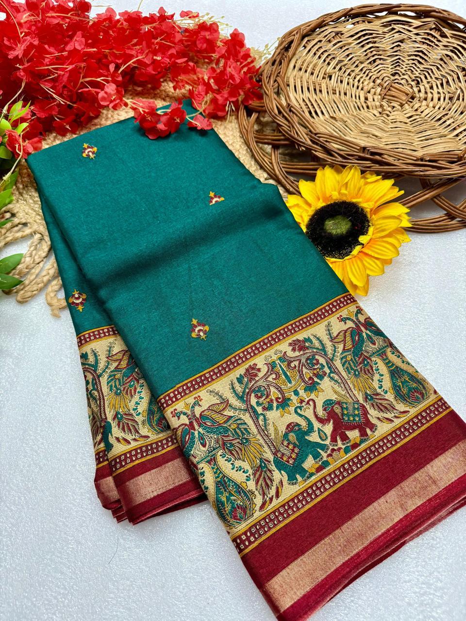 Bottle Green Premium Mangalagiri Silk by Icultuer with Royal Kalamkari Peacock Border