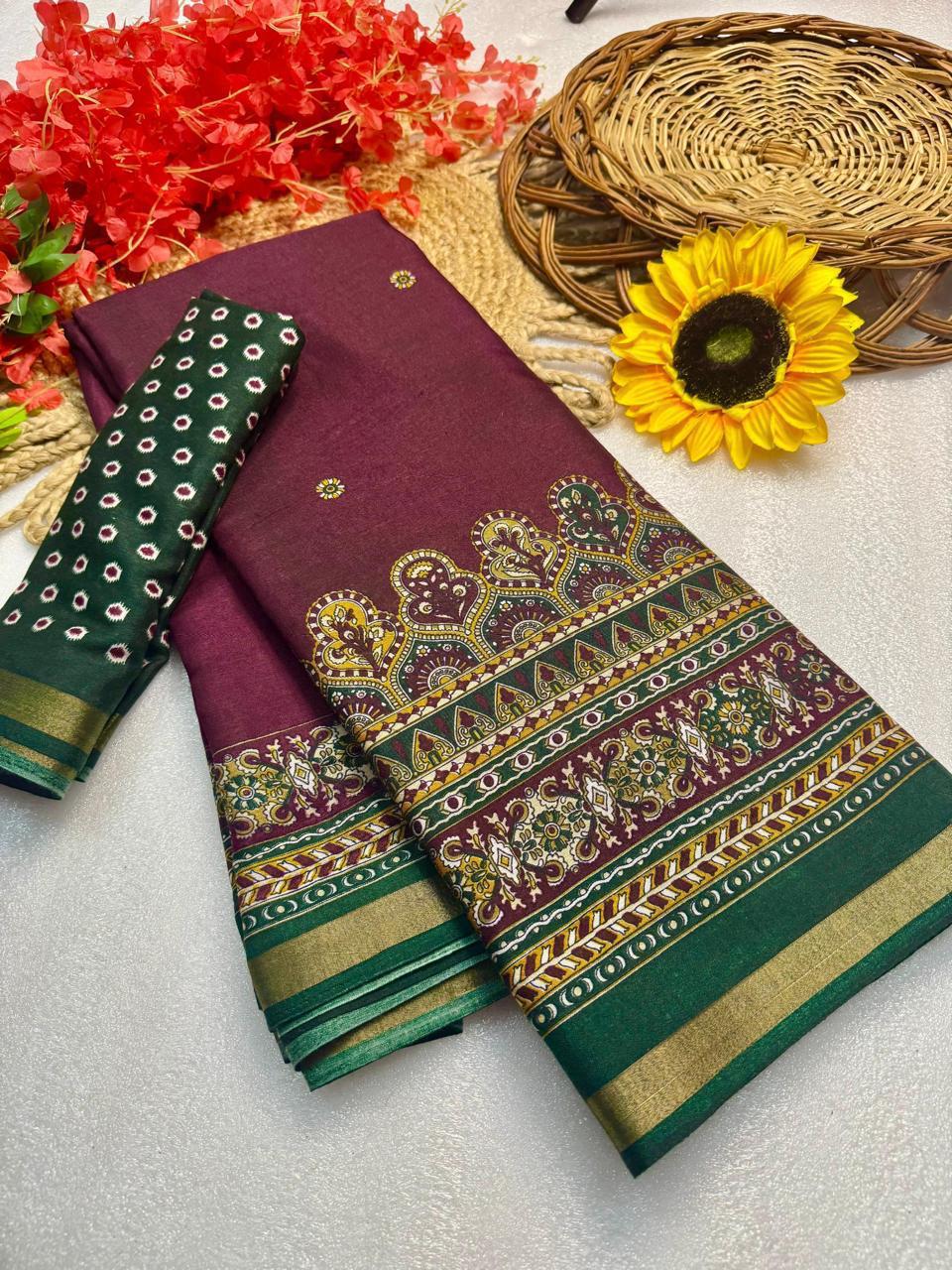 Wine Purple Premium Mangalagiri Silk by Icultuer with Antique Kalamkari Temple Border & Contrast Green Blouse