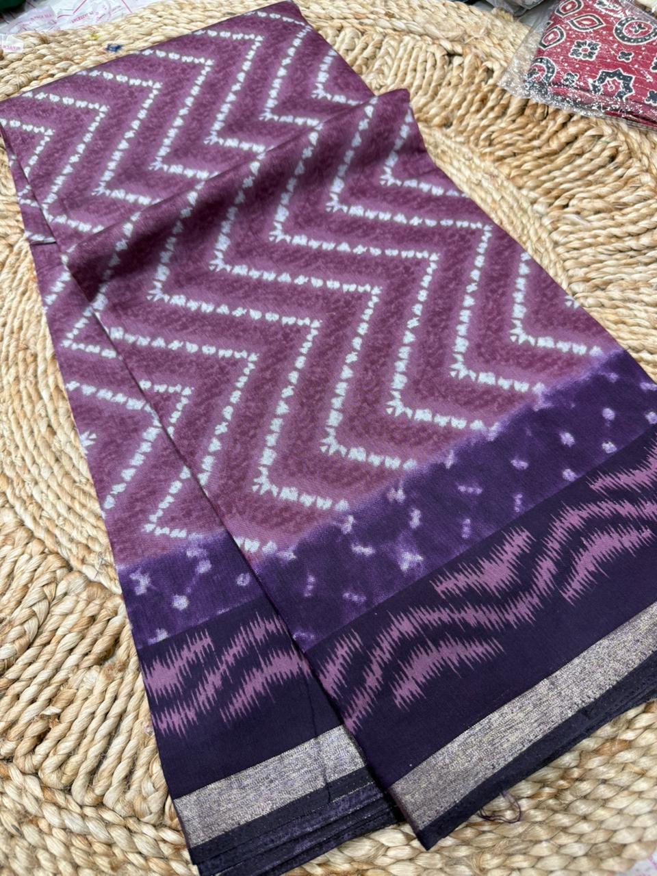 Plum Purple Ikat Style Cotton by Icultuer with Chevron Tie-Dye Pattern & Classic Border