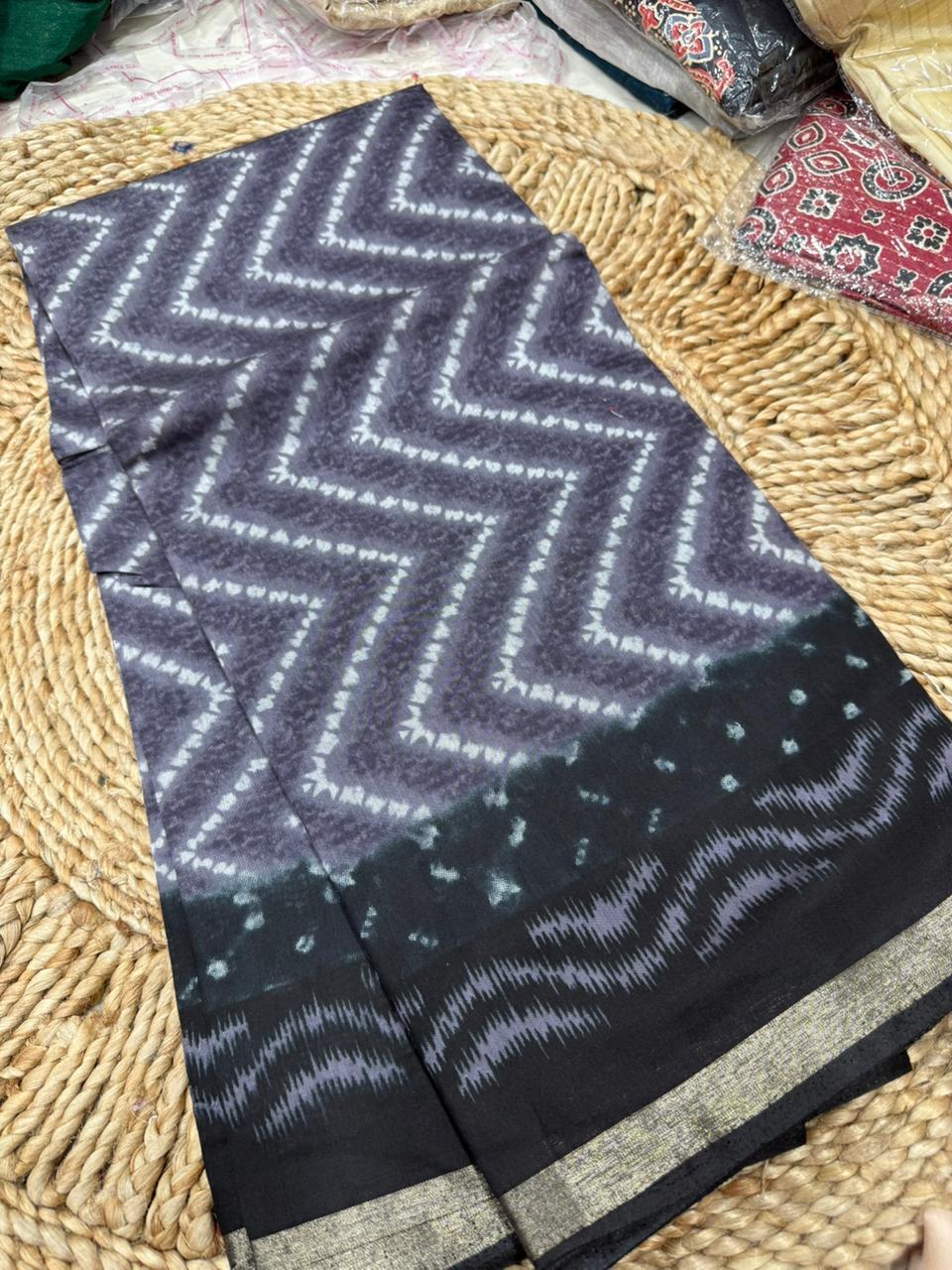 Charcoal Grey Ikat Style Cotton by Icultuer with Chevron Tie-Dye Pattern & Subtle Metallic Border