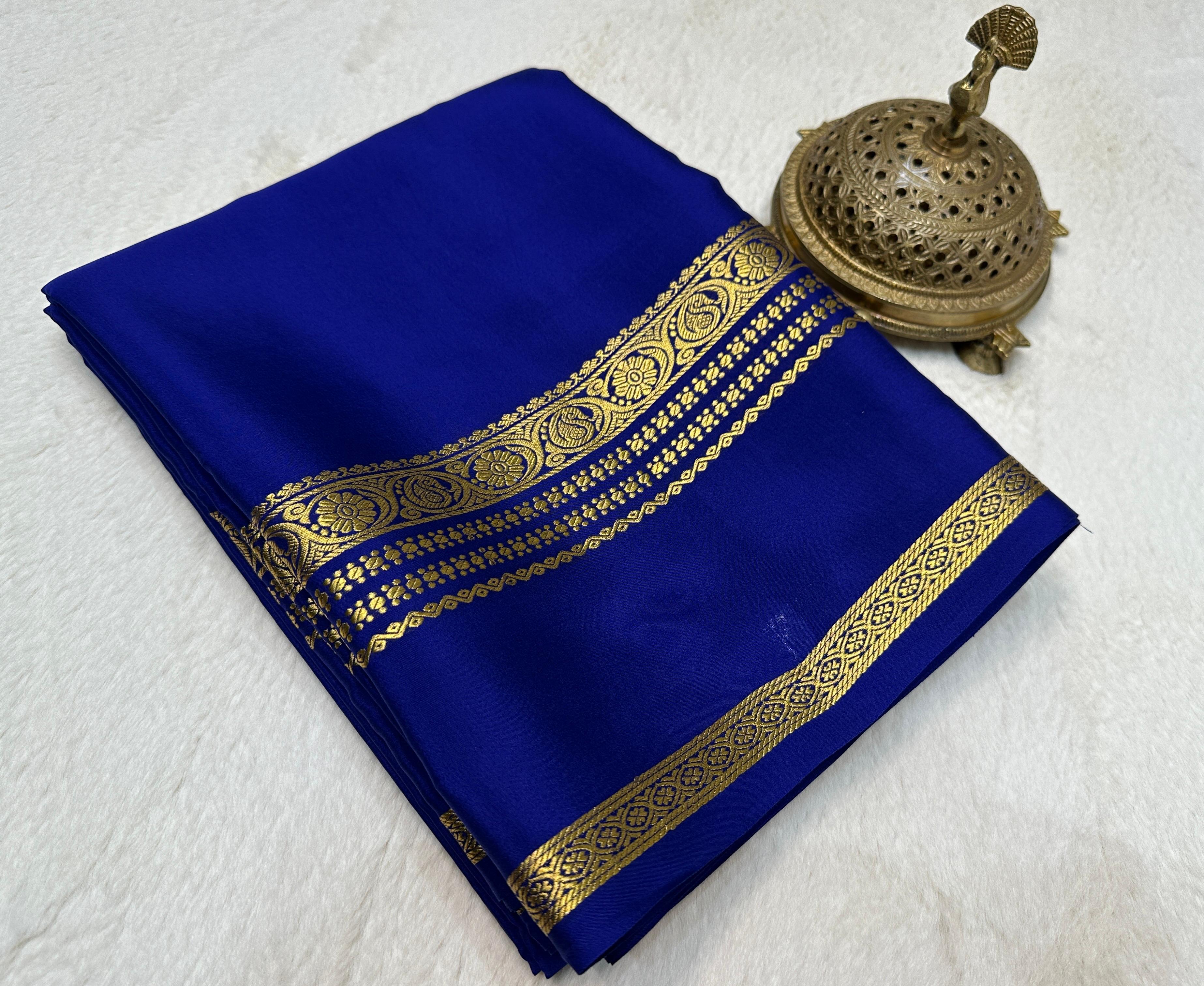 Navy Blue Pure Mysore Silk by Icultuer: Floral Bentex Border, Rich Pallu